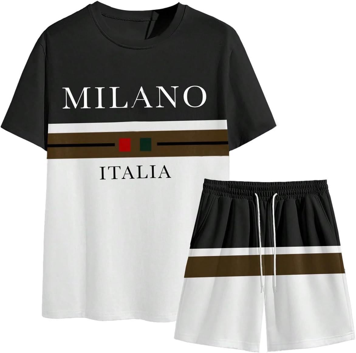 WDIRARA Men's 2 Piece Outfits Anchor Print Striped Tracksuits Short Sleeve T Shirt and Drawstring Shorts Sets