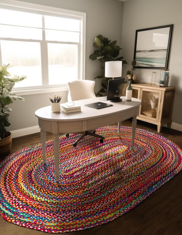 Tapis ovale en coton tressé à la main, réversible, de style bohème rustique, durable et respectueux des animaux domestiques, pour salon, salle à manger et chambre à coucher, 1,2 x 1,8 m