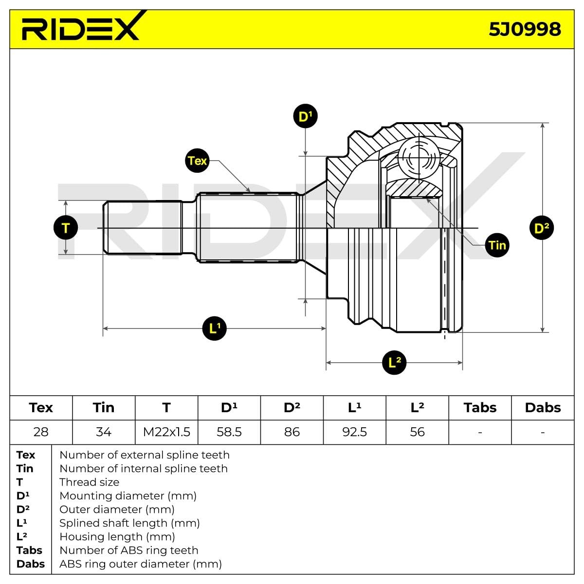 RIDEX 5J0998 Juego de articulación árbol de transmisión con circlip en la parte trasera Compatible con PEUGEOT 308 SW II LC, LJ, LR, LX, L4