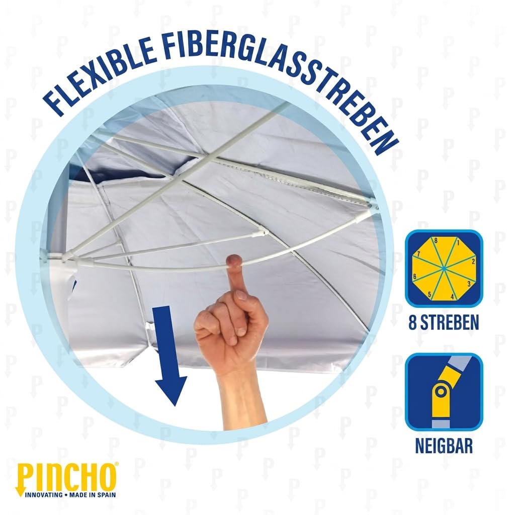 PINCHO Sonnenschirm Strand Windfest Stabil 200 cm - Strandschirm, Sonnenschirm Klein mit UV Schutz 50, Erdspieß, Transporttasche - Stahlrohr22/25 mm, 35 km/h, Blau Weiß