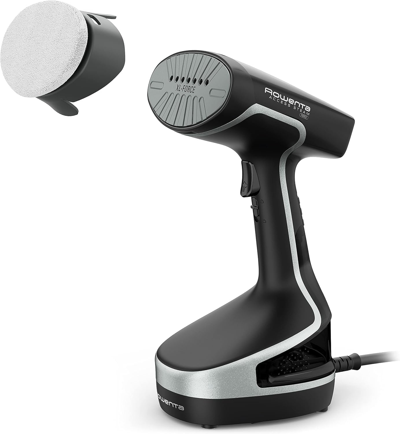 Rowenta Steam Force - Cepillo de vapor 2000 W, Vapor continuo 30 g/min Golpe de vapor de 90 g/min, Rápido calentamiento Higieniza y desinfecta, 2 ajustes de vapor Todo tipo textiles Negro/Plata DR8250