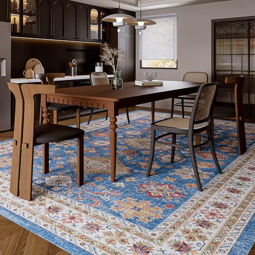 Vintage 9x12 Washable Area Rug, Low-Profile Large Area Rug with Non-Slip Backing & Durable Edge Binding, Pet-Friendly Carpet, Large Rug for Living Room, Bedroom & Dinning Room