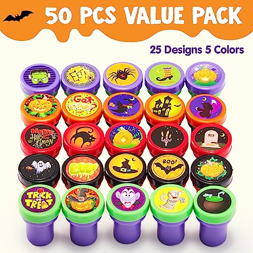 Image of JOYIN 50 Pcs Halloween Stamps for Kids, 25 Designs Assorted Plastic Stamps Bulk, Trick Or Treat Stampers for Halloween Party Favor Gifts, Halloween Goodie Bag Fillers Classroom Game Prizes