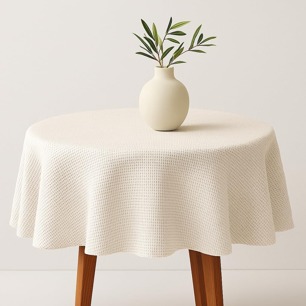Fennco Styles Waffle Weave Solid Color Tablecloth 72" Round - Ivory Refined Woven Table Cover for Home Décor, Dining Table, Banquets, Holidays and Special Occasions