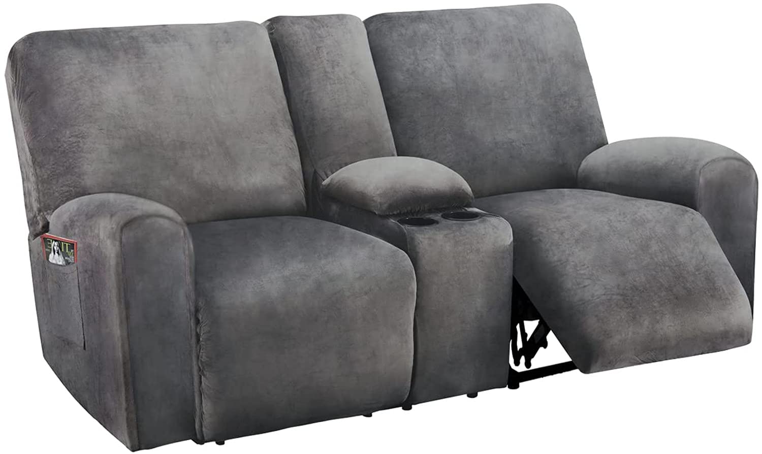 Recliner Loveseat Covers with Middle Console, 8-Piece Stretch Velvet Loveseat Reclining Couch Slipcovers for 2 Cushion Sofa Slipcovers Furniture Covers Thick Soft Washable (Gray)
