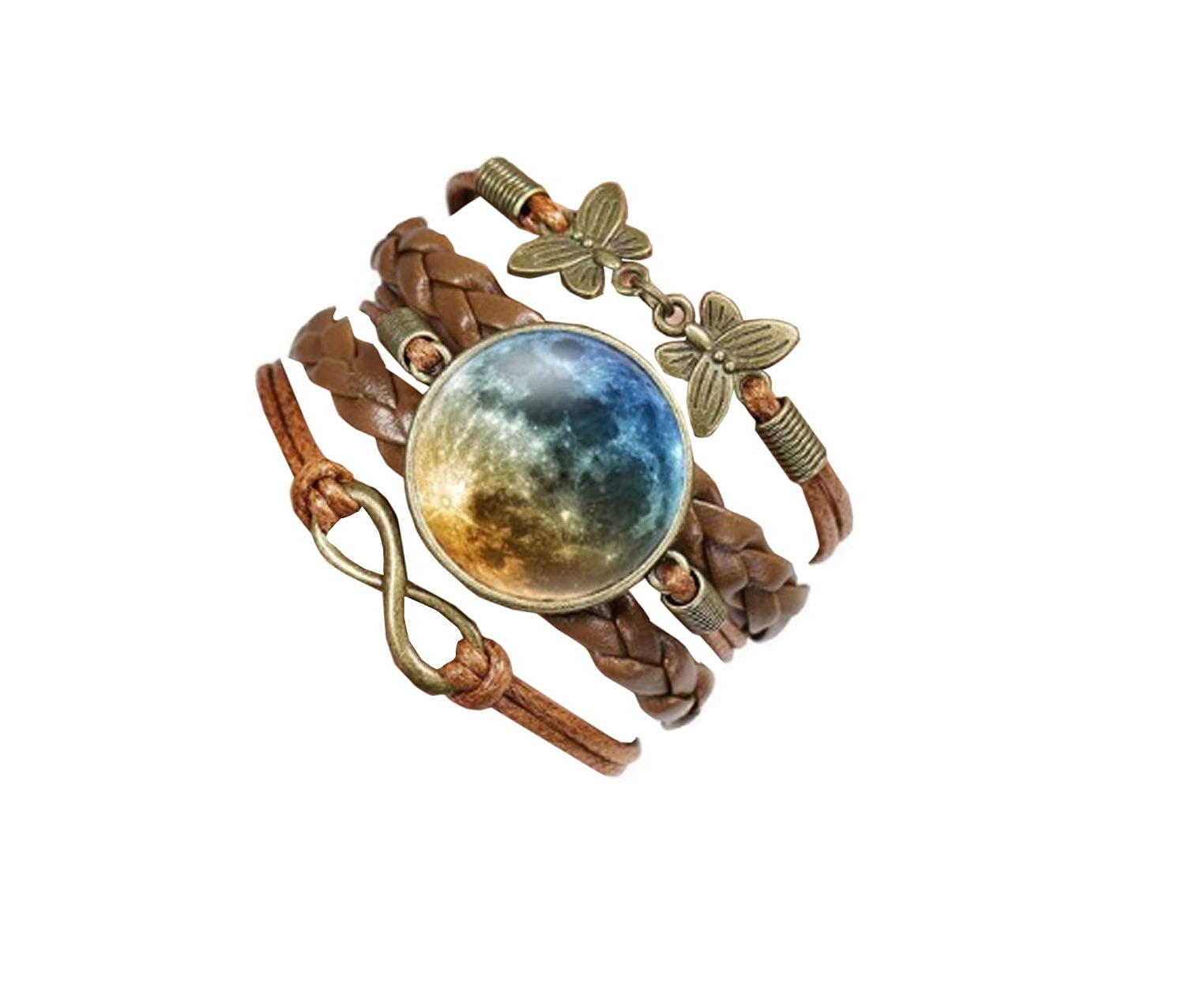 TBOP Moon Time Yellow blue Gem Multi-layer Hand-woven Brown Leather Bracelet for Unisex