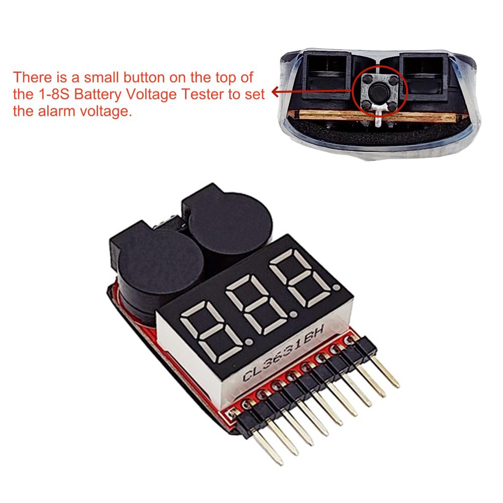 Haldzemo 2in1 1-8s Lipo Battery Voltage Tester RC Low Voltage Buzzer Alarm Battery Use for 1-8s Lipo Li-ion LiMn Li-Fe (6 Pack)