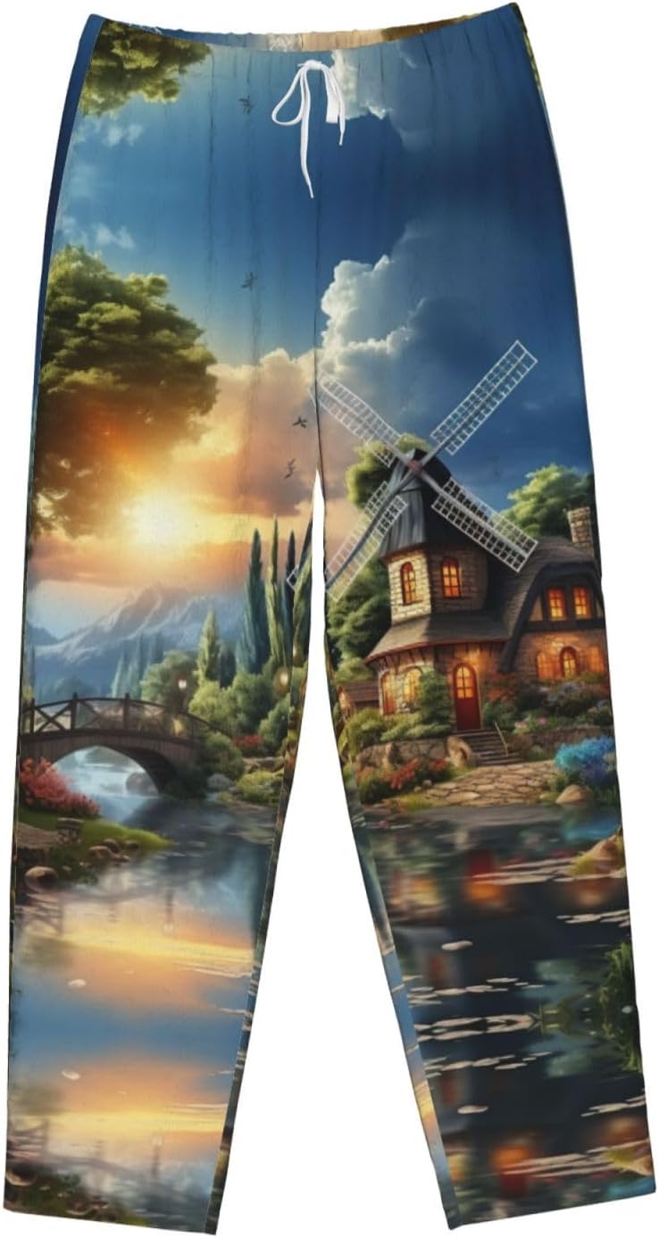 Sunset Windmill Print Cozy Flannel Pajama Pants For Women,Warm Christmas Pj Pants,Cute Fleece Pajamas