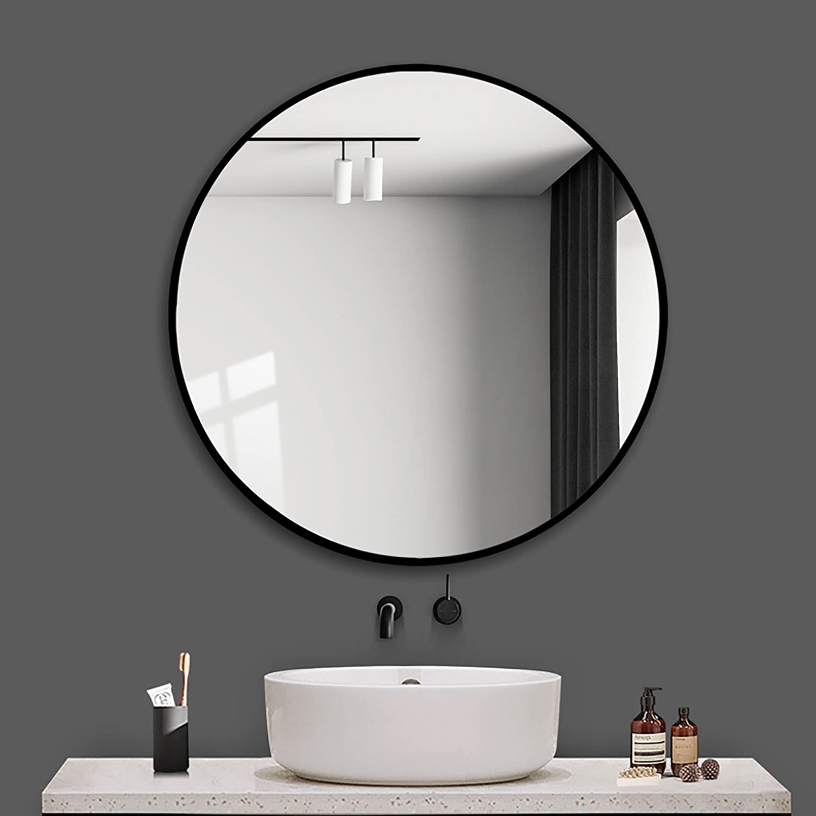Specchio per Il Trucco,Rotondo Montato A Parete Vanity Cromato A Parete, Grande Specchio Decorativo con Cornice in Metallo per Bagno, Soggiorno, Spogliatoio Bagno Telaio in Alluminio Nero-50
