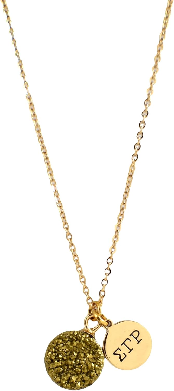 Sorority Shop SGR Necklace - Sigma Gamma Rho Metallic Gold Druzy Gemstone Necklace With Engraved Pendant – 14K Gold Dipped Jewelry with Red Gemstone – Sorority Gift, Charm Paraphernalia