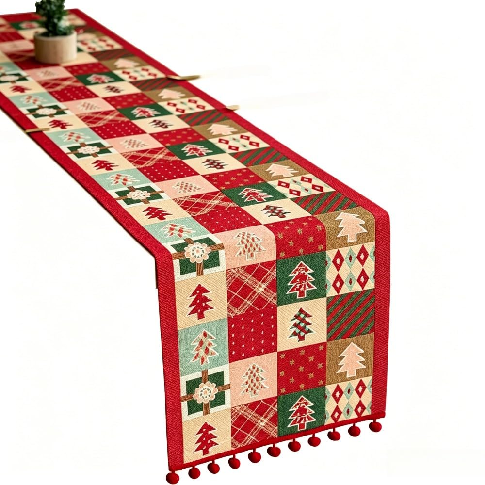 EDWNAS Festive Linen Christmas Table Runner (tree grid,14"×47")
