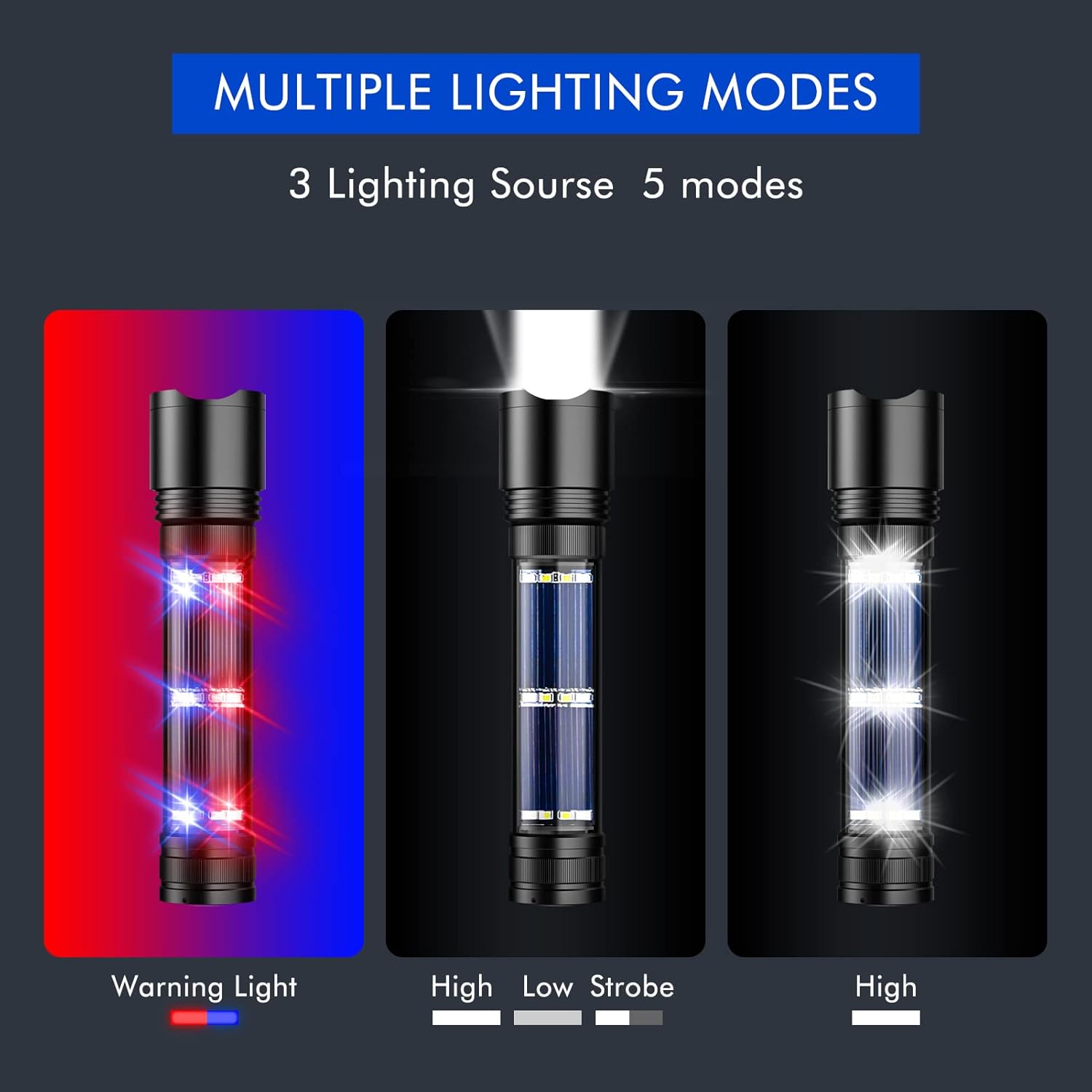 NPET T08-2 Solar Power Flashlight Car Flashlight USB Rechargeable Tactical Multi-Function Torch Emergency Tool (T08-2pack)