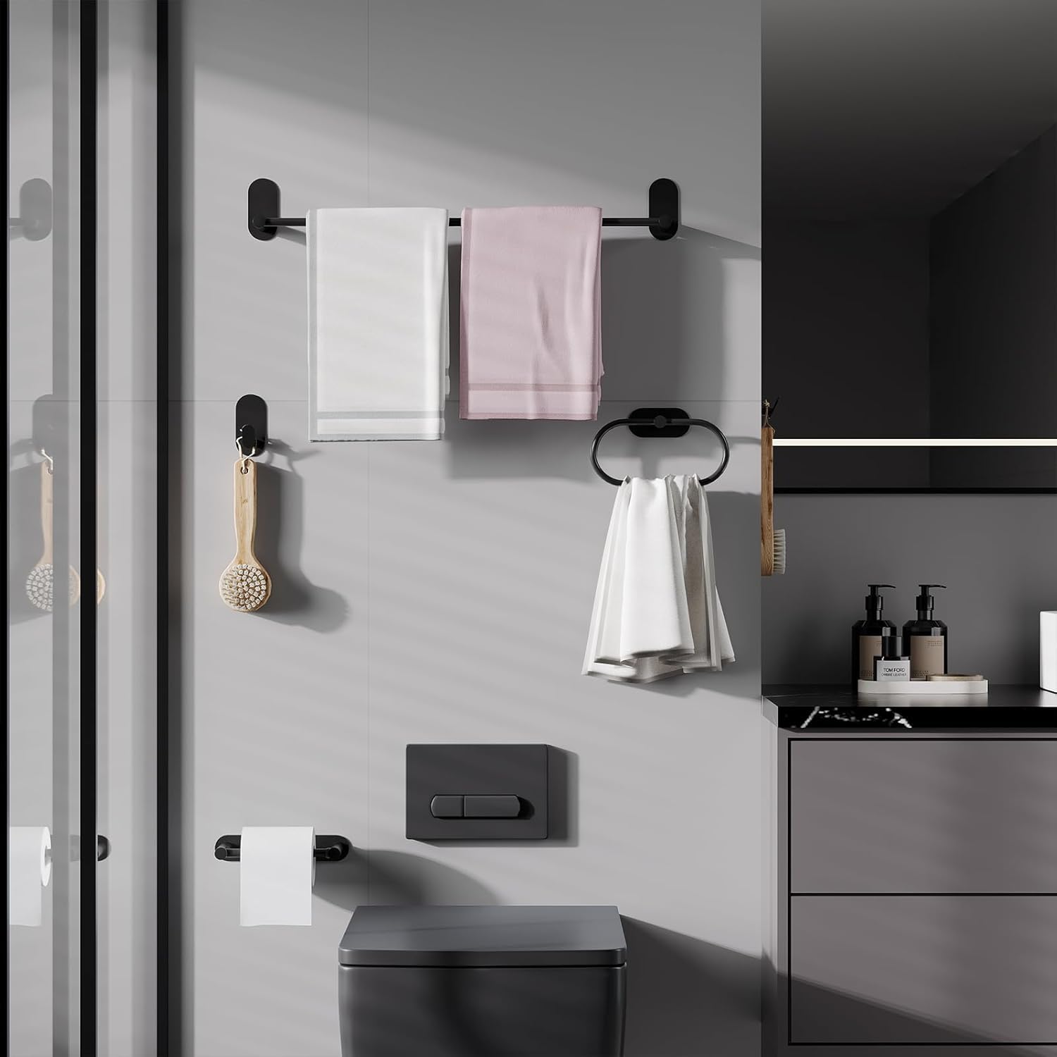 Oslen Premium Black Self Adhesive Towel Ring Holder – No Drill Bathroom Hand Towel Hanger, Heavy Duty Stainless Steel Wall Mount for Kitchen, Wash Basin & Bathroom 4