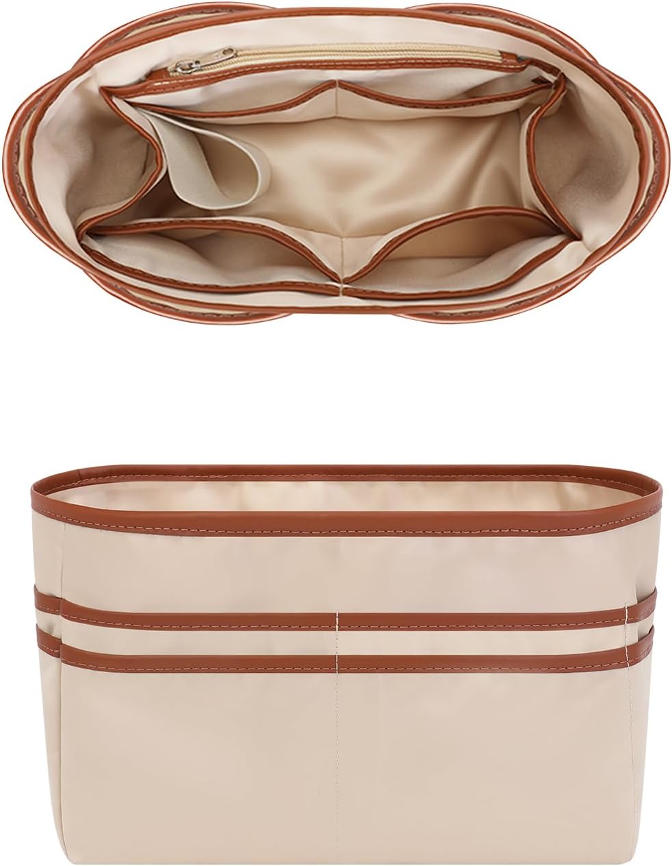 large purse organizer inserts (32,beige) divider handbag insert with multiple pockets,cup & umbrella position zippered bag, lightweight tote organizer fit for longchamp neverful and more 32 large beige