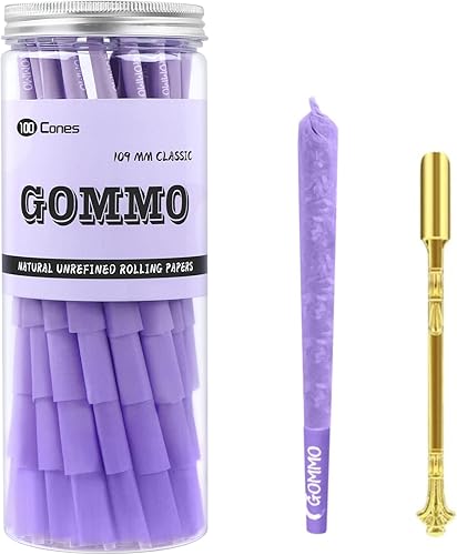 GOMMO Paquete de 100 conos preenrollados, tamaño King, papel de liar de conos morados naturales con cuchara de embalaje dorada incluida
