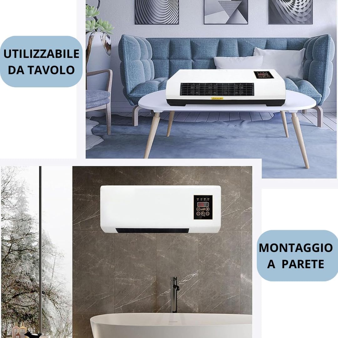 21 SHOP® Termoconvettore Elettrico da Parete 1500W con Display LED e Telecomando - Funzione Aria Calda/Fredda Temperatura Regolabile, Timer, Design Compatto ed Efficiente per Casa Ufficio 45x12x20