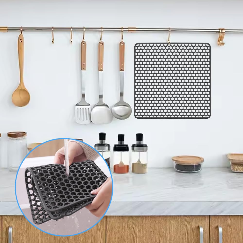 NAROSEBE Tappetino per Lavello in Silicone 30,5*30,5cm Tappetini per Lavello da Cucina con Foro di Scarico Tappetino per Scolapiatti in Silicone Tappetino in Rete Antiscivolo (Grigio, 30,5 x 30,5 cm)