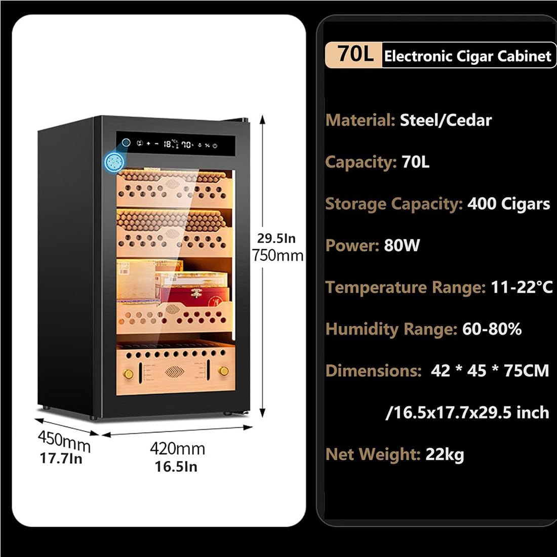 70 L Humidor électrique, 400 Comptes Humidor Cigare Electrique avec Contrôle De Température De Refroidissement De Chauffage, Armoire Cave à Cigares avec étagères en Bois De Cèdre