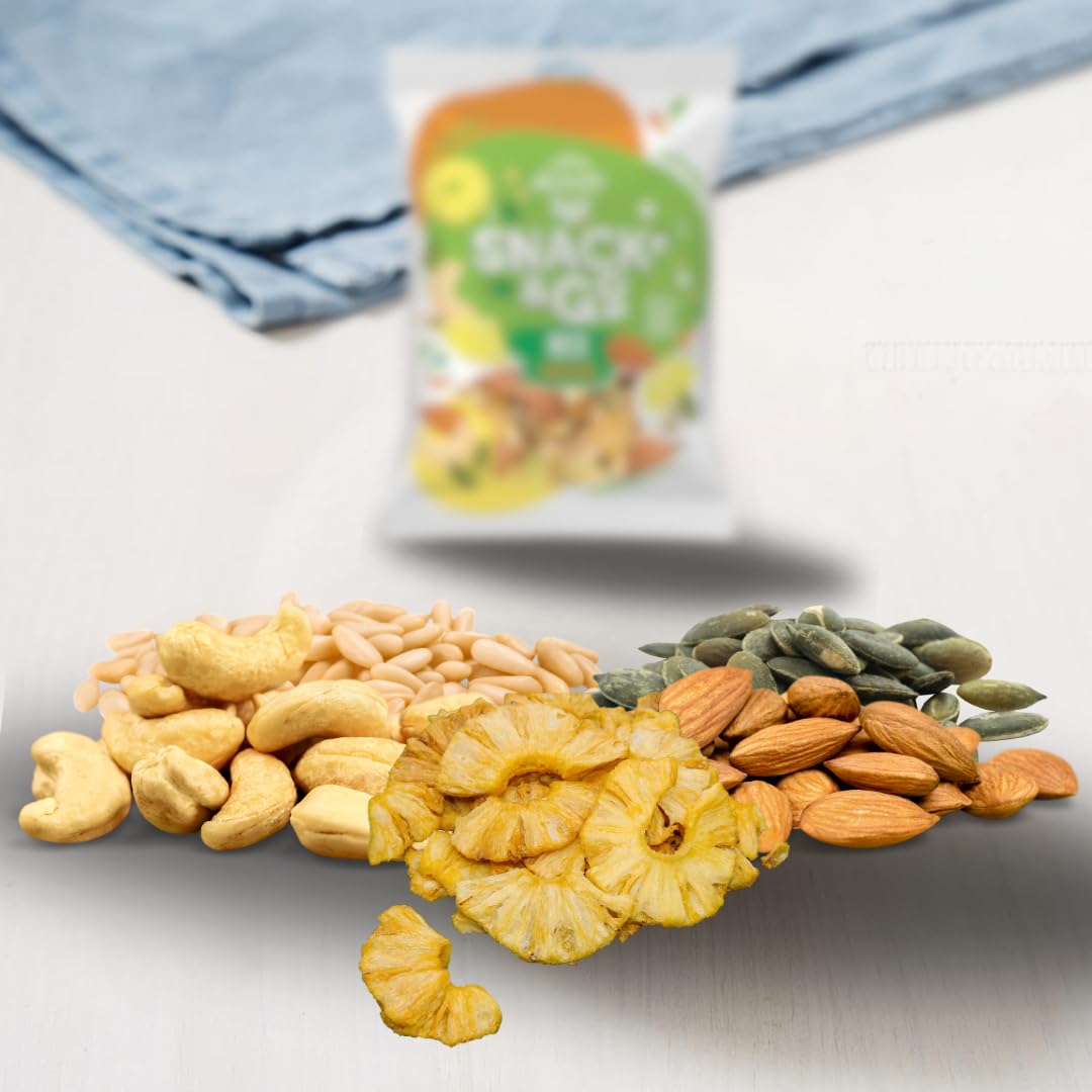 Alfano dal 1940 Mix Protein Snack & Go 20 Pacchetti Monoporzione da 25g Frutta Secca Anacardi Naturali, Ananas Disidratato, Mandorle Sgusciate, Pinoli e Semi di Zucca