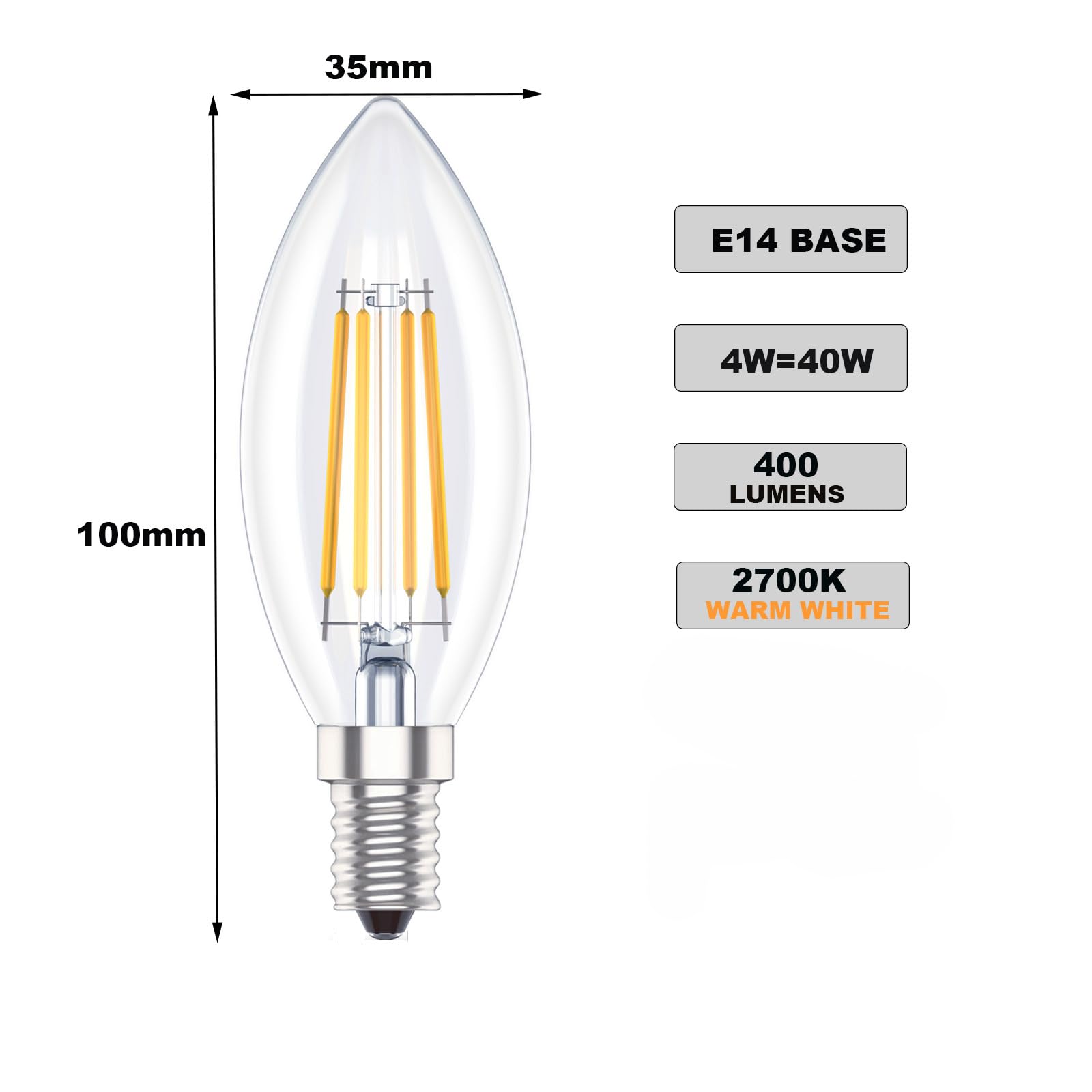 Huoqilin E14 Led Candle Bulbs, SES C35 Small Edison Screw Light Bulb, 4W (40W Equivalent),Warm White 2700K, Pack of 6 - Image 2