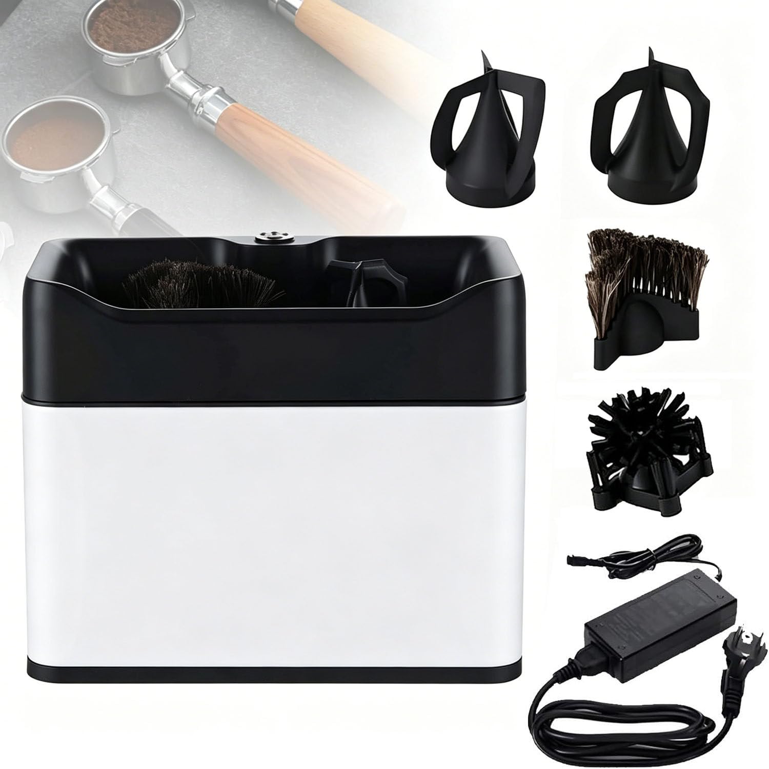 COAKUE Portafilter Cleaner Electric with 2 Scrapers Fits 58mm Baskets White