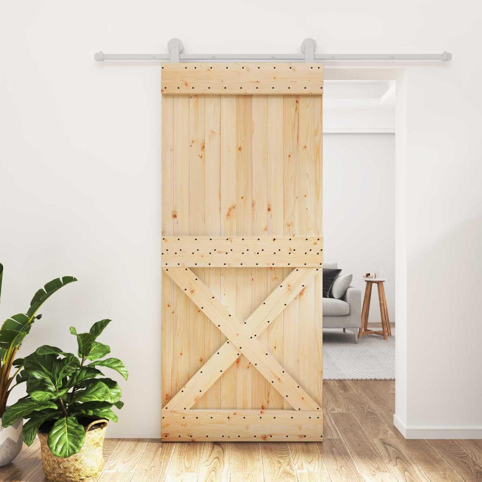 Puerta corredera de pino macizo, color blanco natural, 90 x 210 cm, con