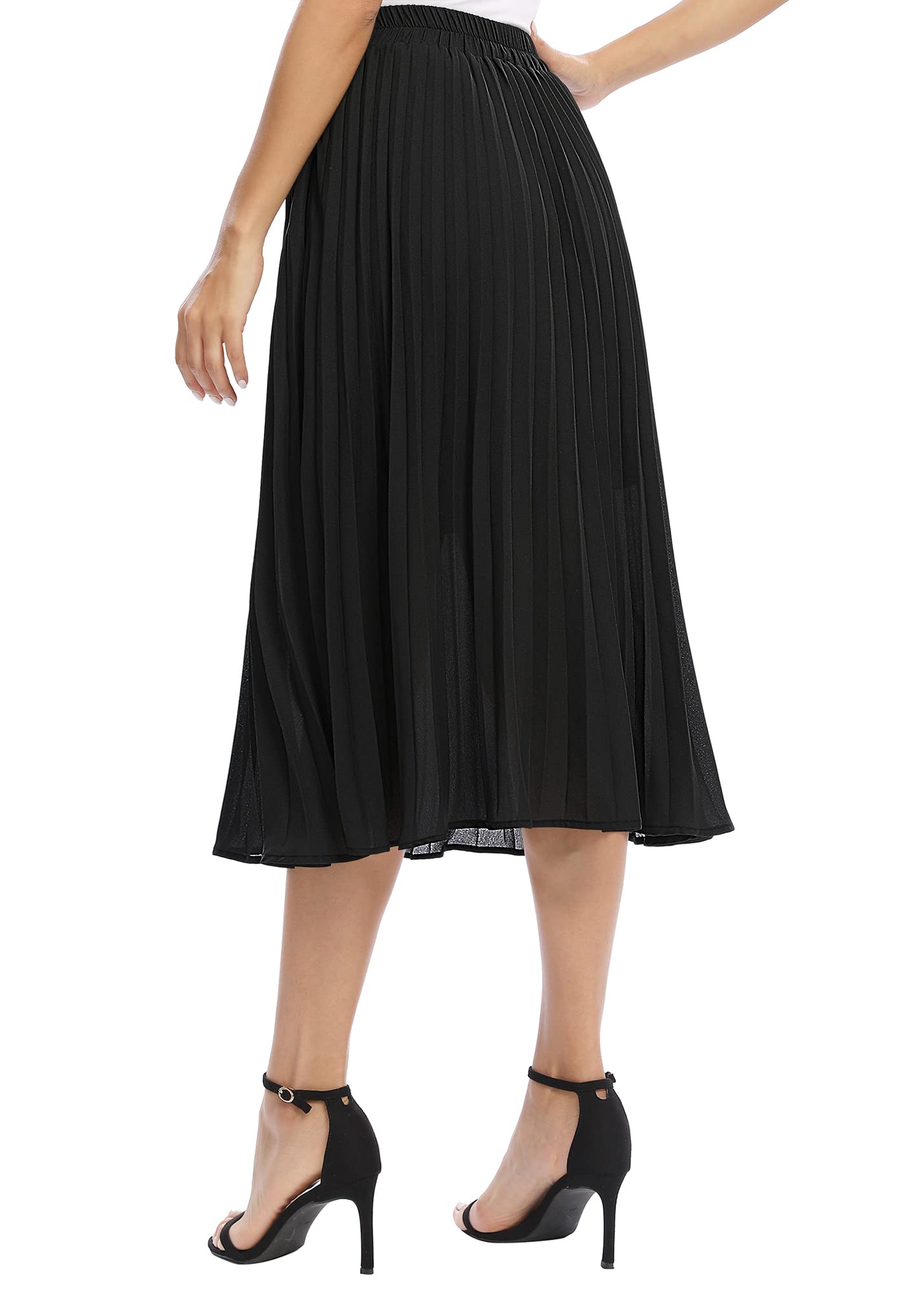 EXCHIC Donna Casuale Chiffon Elastico Vita Linea A Pieghettato Midi Gonna con Tasca