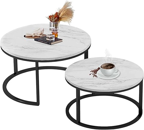 Jepwe - Juego de 2 mesas auxiliares modernas anidadas mesa de centro redonda de mármol sintético marco de metal con recubrimiento en polvo mesas