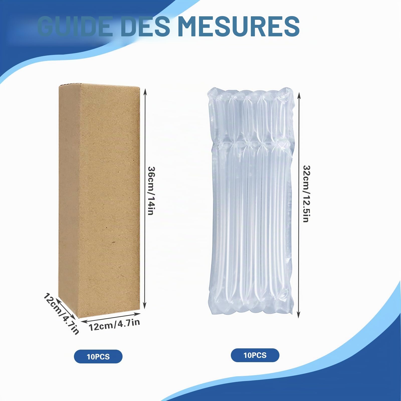 Lot de 10 Protections pour Bouteilles de Vin – 10 Cartons de Transport & 10 Colonnes Gonflables de Protection avec Pompe – Emballage Sécurisé pour Bouteilles de Vin et Objets Fragiles