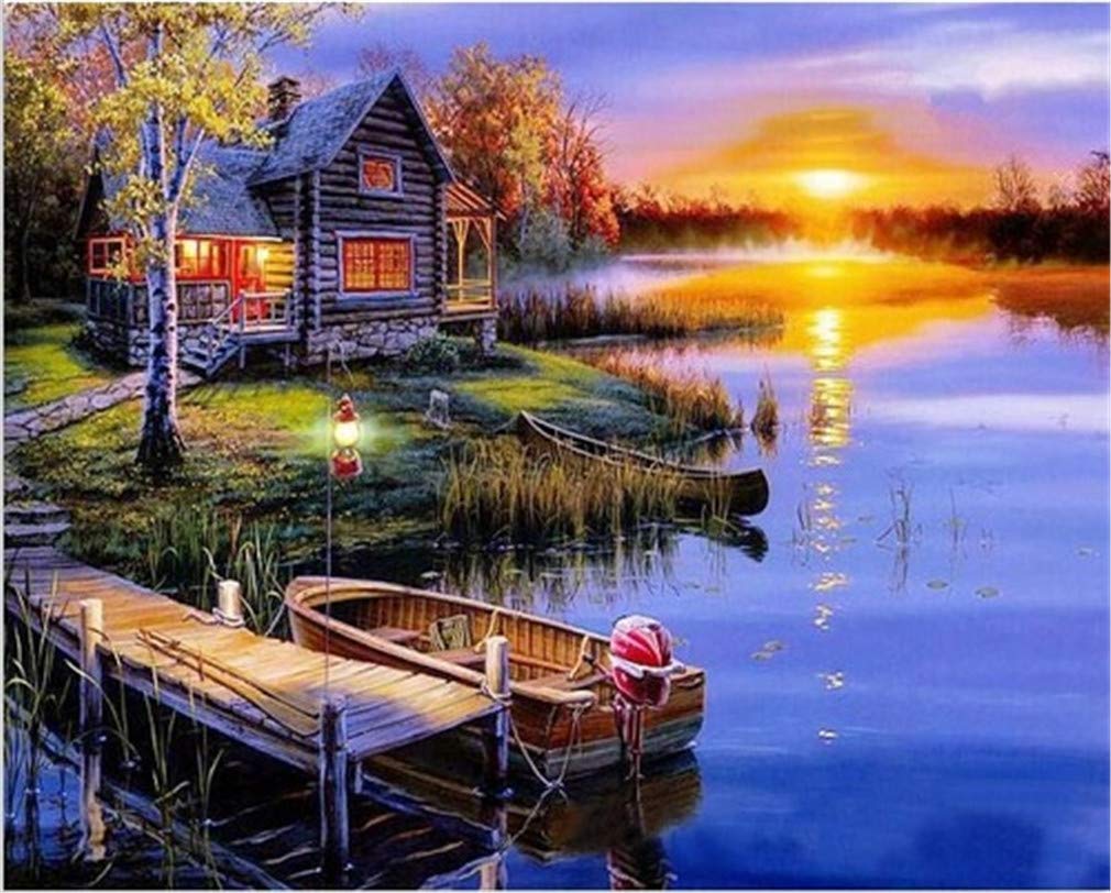 YEESAM ART Paint by Numbers for Adults Beginners Forest Sunset View & Lake House 16x20 inch Linen Canvas Acrylic DIY Number Painting Kits Wall Art Decor Gifts