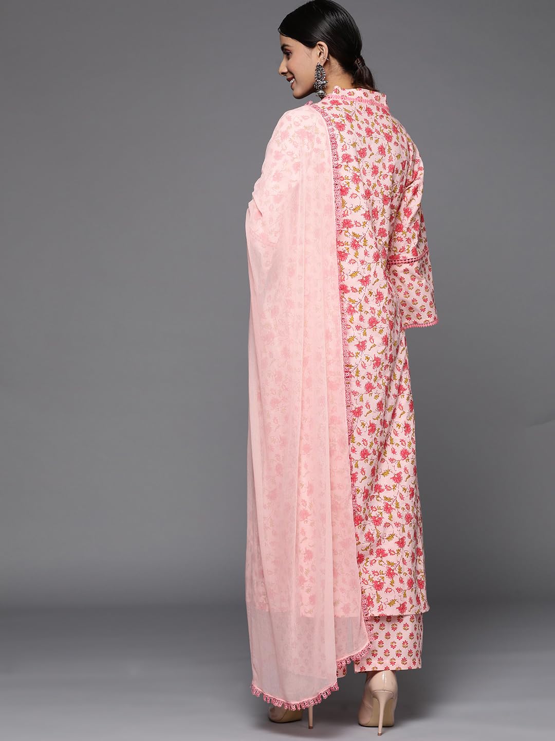 Varanga Women Peach Printed V Neck Collar Kurta With Tonal Dupatta And Bottom, Three-Quarter Sleeves, Lace Detail