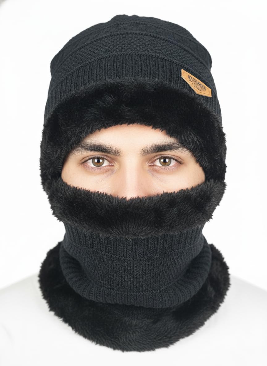 Black Woolen Winter Cap and Neck Warmer Combo for Men and Women, Fleece Lined Knit Beanie-image-46