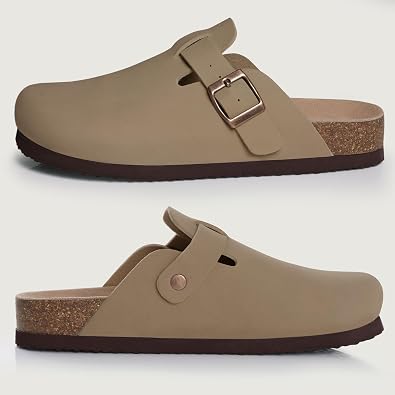 KIDMI Unisex Vegan Suede Clogs Leather Mules Womens Mens Cork Footbed Potato Shoes with Arch Support, New Taupe, Size 41