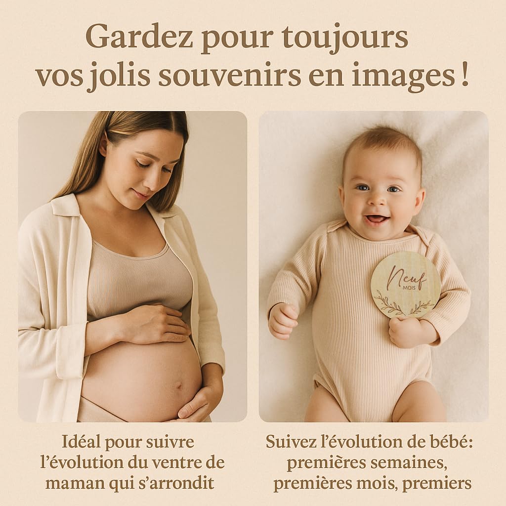 Cartes Étapes Bébé en Bois, Support Inclus – Lot de 7 Cartes pour Nouveau Né - 12 Mois à immortaliser - Idéal Cadeau de Naissance et Cadeau Future Maman