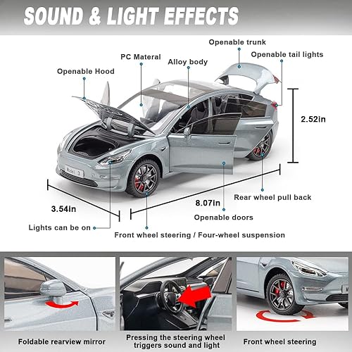 Miniatura 4 de Addcean Coches de juguete a escala 124 compatibles con el modelo 3, autos de metal fundido a presión con luzsonido, juguetes de auto para niños y
