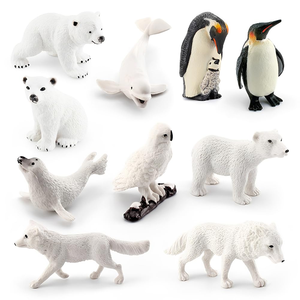 PLNVNVP 10Pcs Arctic Animal Figurines Set, Realistic Polar Animal Toys Including Polar Bear, Penguin, Arctic Fox & Wolf,Sand Table & Desktop Decor