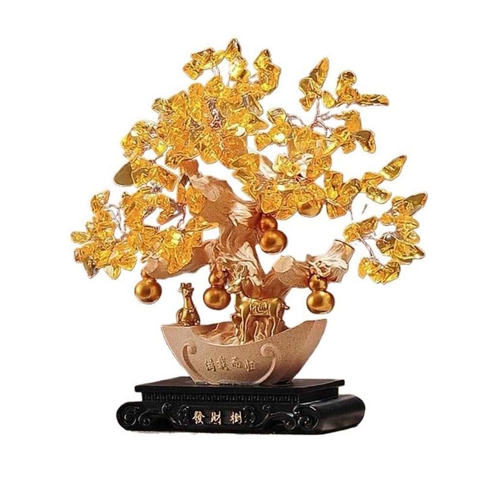 Home Decor Desktop Citrine with Base Fortune Tree Ornament, Wealth Prosperity Living Room Office Crafts Bonsai(Beige)