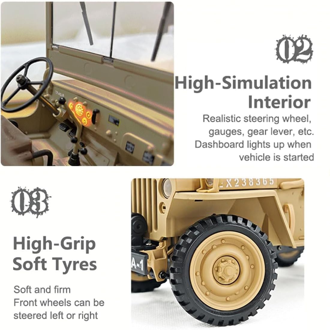HG4-58 1:14 Militär-Jeep aus Metall, 2.4G 4WD Off-Road RC Truck with 2-Speed Gear, Multi-Function Protection & Adventure Accessories Kit, realistische Willys-Kletterauto-Nachbildung für Erwachsene