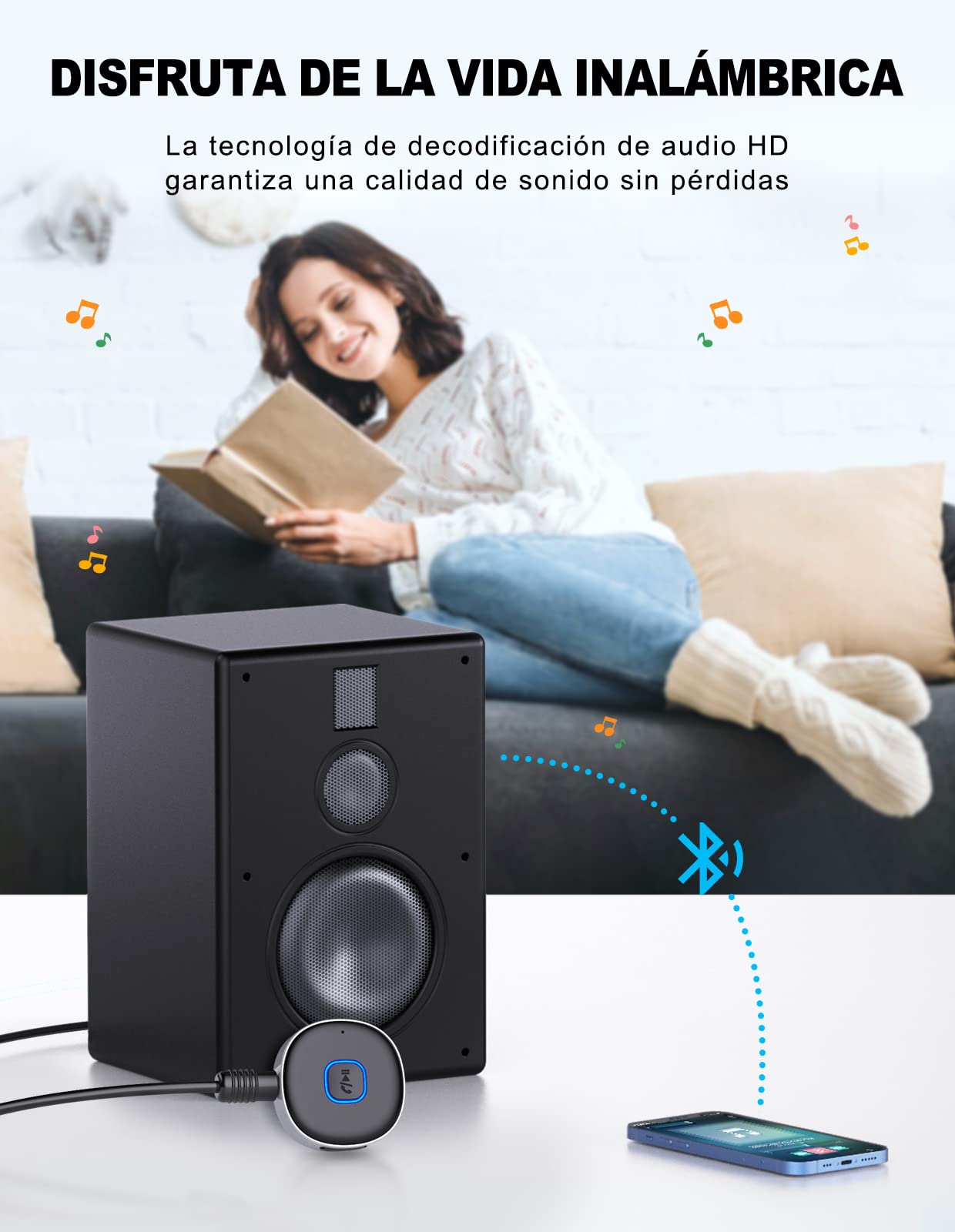 Mohard Receptor Bluetooth 5.0, AUX Adaptador Bluetooth Coche Audio Jack 3.5mm para Estéreo Domestico/Altavoz/Auriculares con Cable, Llamadas Manos Libres y Conexión Dual, Tiempo de Reproducción 16H — view 2