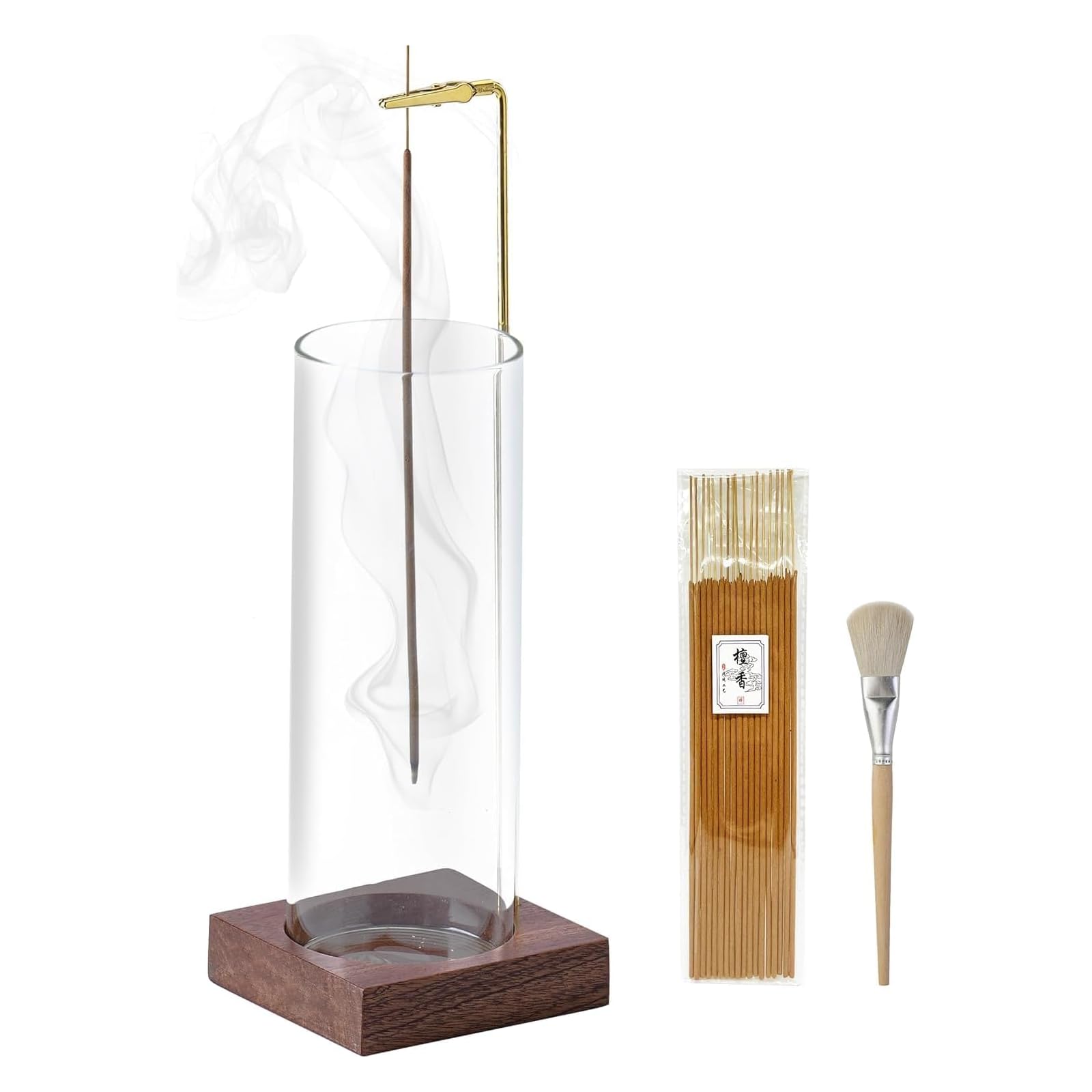 Incense Holder, Wooden Incense Holder for Sticks with Glass Ash Catcher, Anti-ash Incense Burner with 20 Incense Sticks and a Ash Brush for Meditation Yoga Spa Room Decor