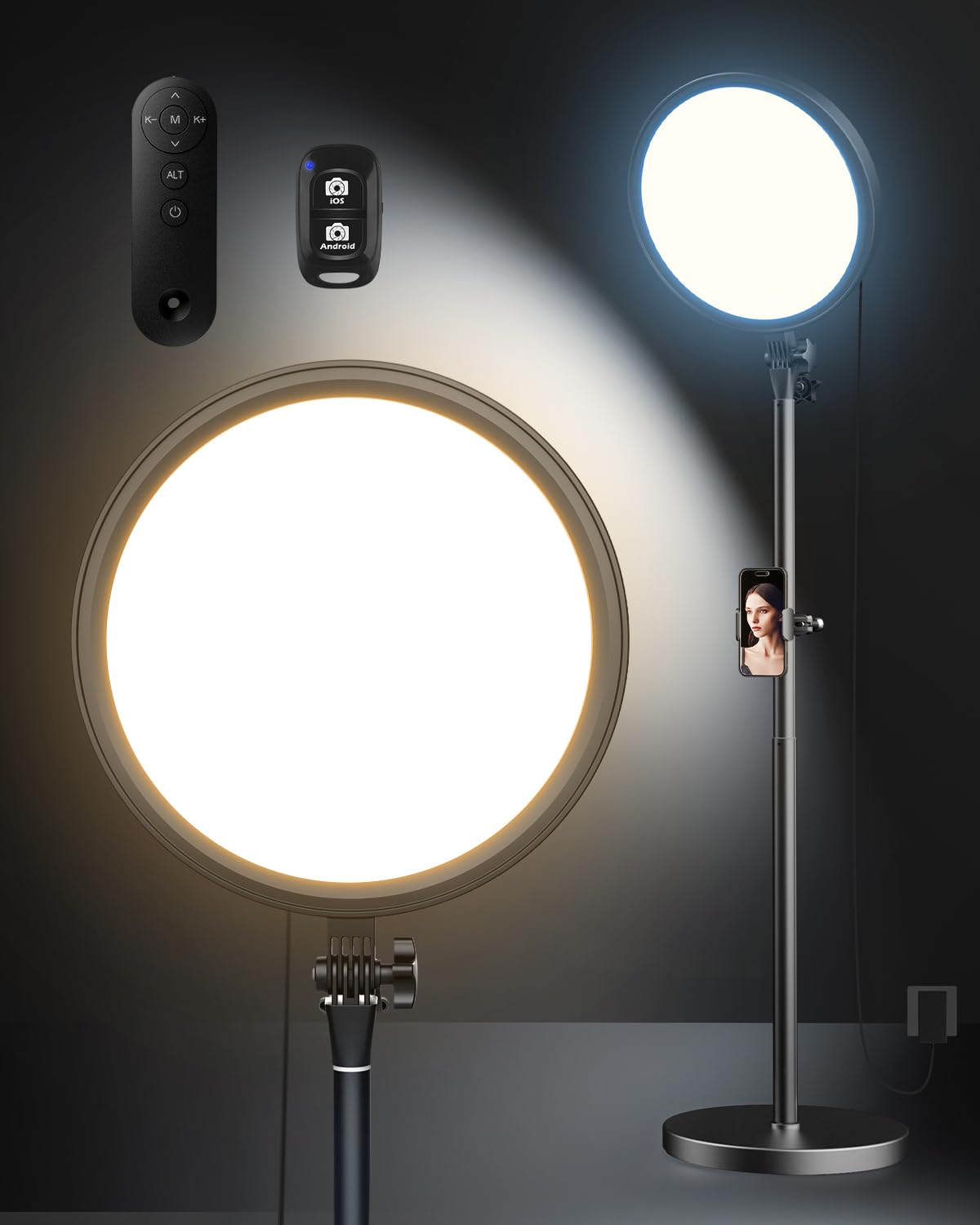 Aureday 12” Ring Light with Stand and Phone Holder, 79” Tall LED Circle Light with Weighted Base & Remote, Dimmable Floor Lamp for Video Recording,