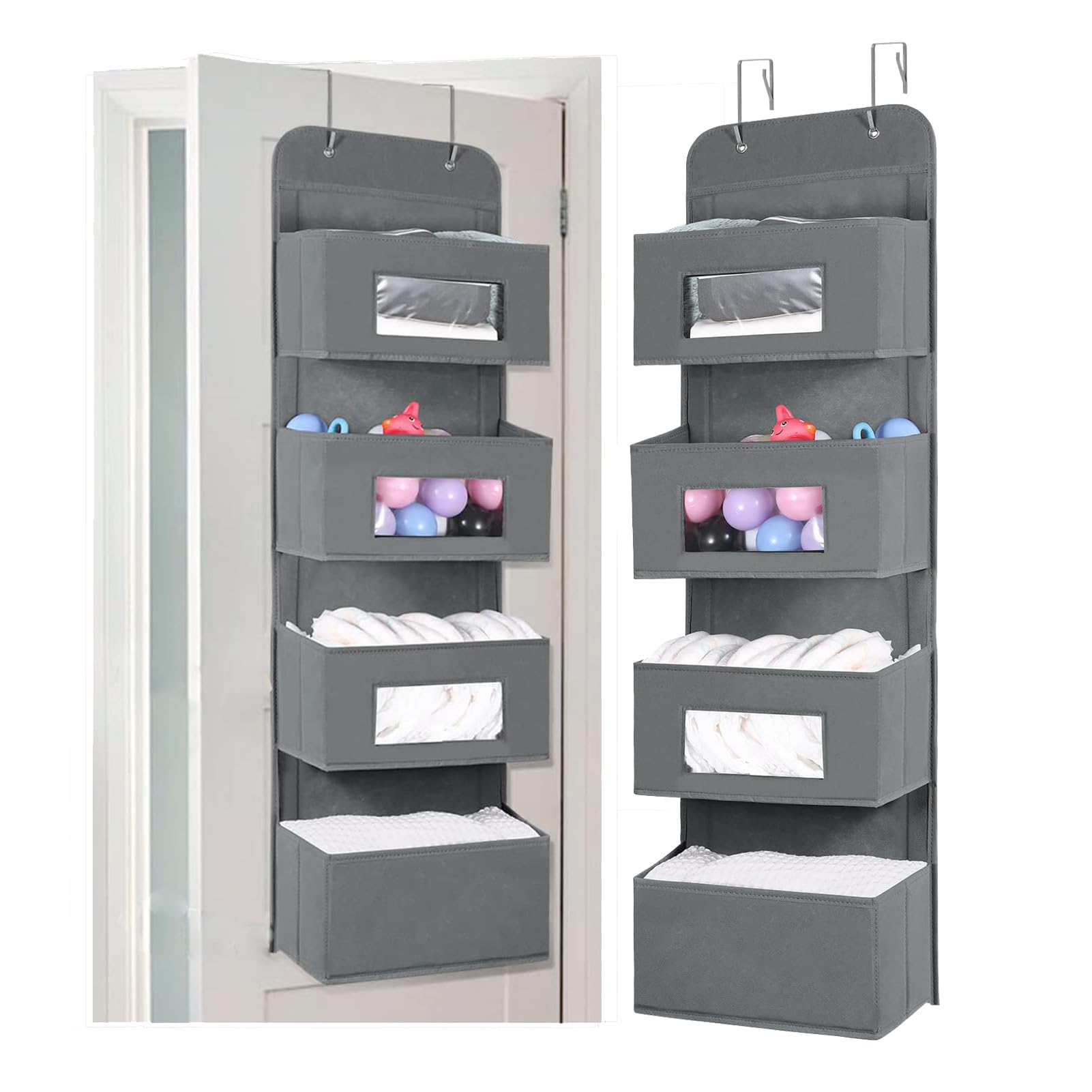 MAX Houser 4-Shelf Over The Door Hanging Organizer with 2 Metal Hooks,4 Pocket Over The Door Wall Mount Storage with Clear Windows for Baby Nursery