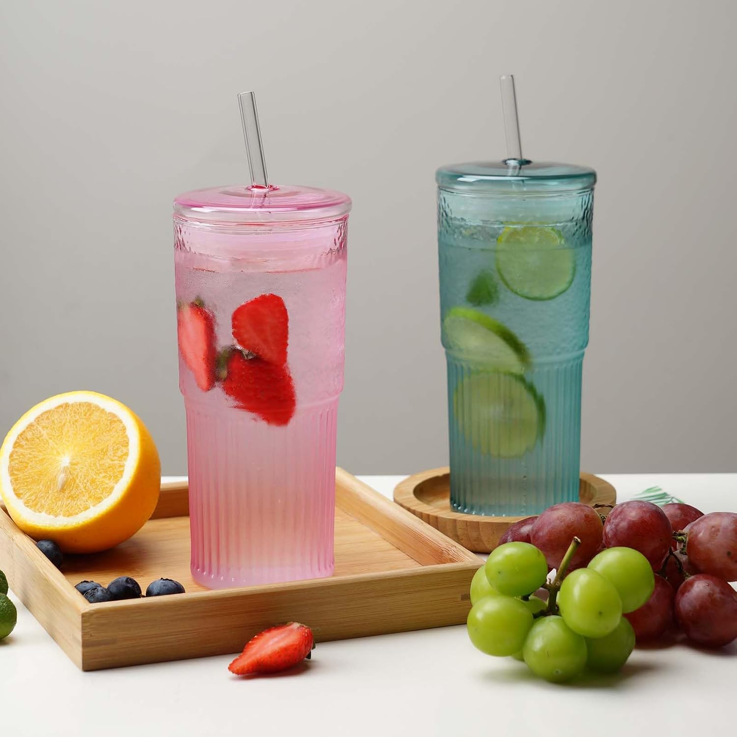 20 oz Glass Cups with Lids and Straws 2Pcs 20oz Glass Tumbler Drinking Jar Iced Coffee Cups, Vintage Ripple Glassware Smoothie for Water Coffee Tea Milk Cold or Hot Drinks (Pink & Pink)