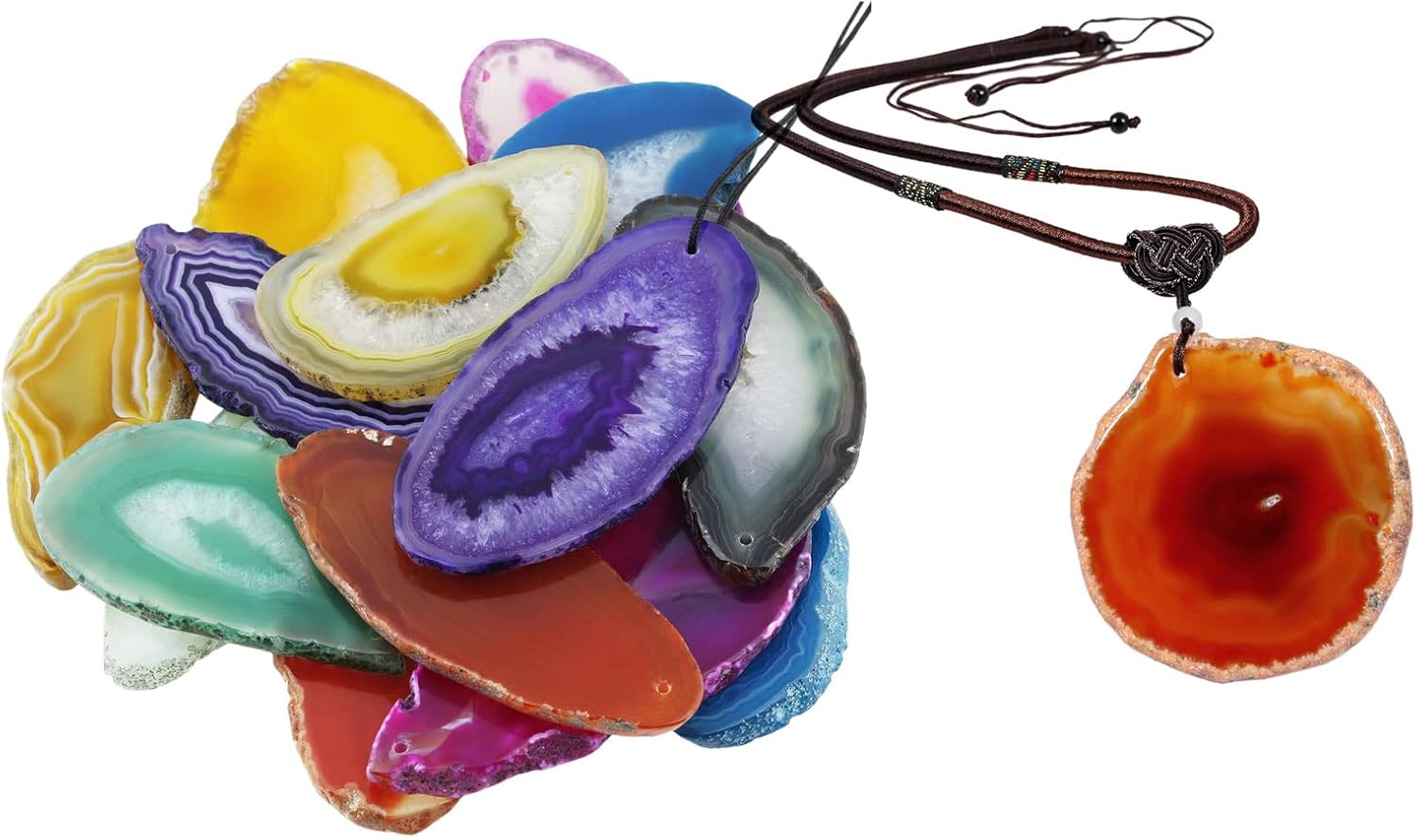 SUNYIK Pack of 2 Top Drilled Agate Quartz Slice Set of 10 & Natural Agate Slice Stone Pendant with Chain for Women