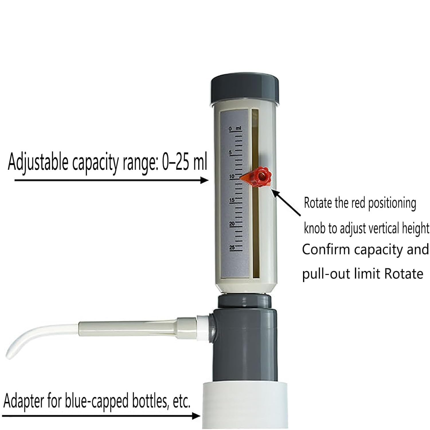 Dispenser di liquidi per bottiglie di vetro da 2000 ml, volume regolabile per pipettare in sicurezza acidi, basi e reagenti da laboratorio