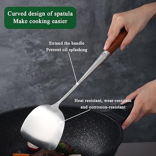 Miniatura 4 de Evanda Juego de espátulas Wok de 17 pulgadas, herramientas de wok de acero inoxidable con mango de madera resistente al calor, cucharón, espátula de