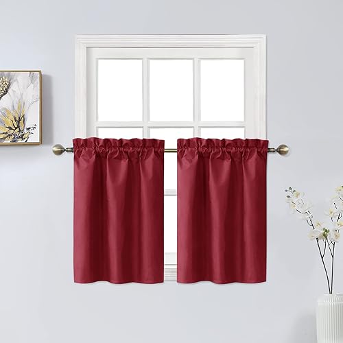 Home Queen Cortinas opacas para ventanas pequeñas, cortinas de baño repelentes al agua, 26 pulgadas de ancho x 36 pulgadas de largo cada una, rojo