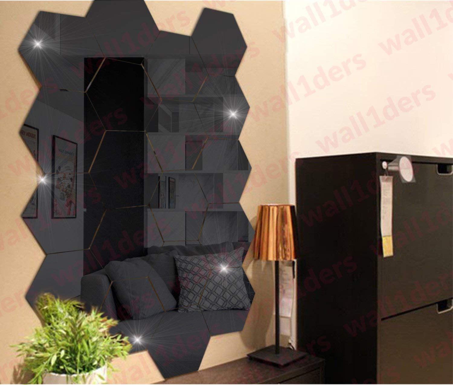 Wall1ders 20 Hexagon with 10 Butterfly Black (Each Hexagon Size 10 cm x 12 cm) Hexagon Mirror Wall Stickers, Mirror Stickers for Wall,