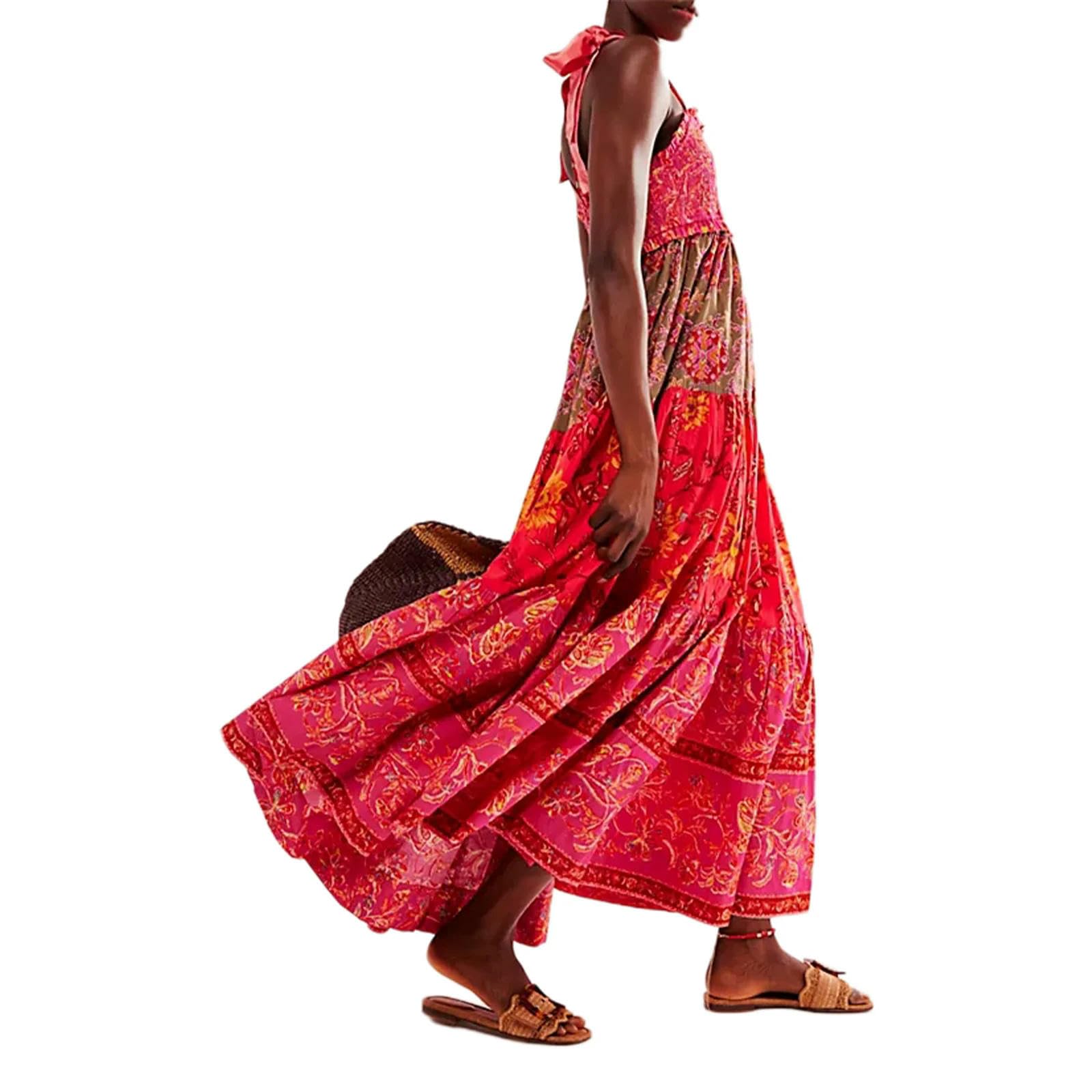 Robe Longue d'été pour Femmes, Bretelles à Nouer, col en V, imprimé Floral, Patchwork, Robe d'été Fluide à Plusieurs Niveaux, Rouge, S