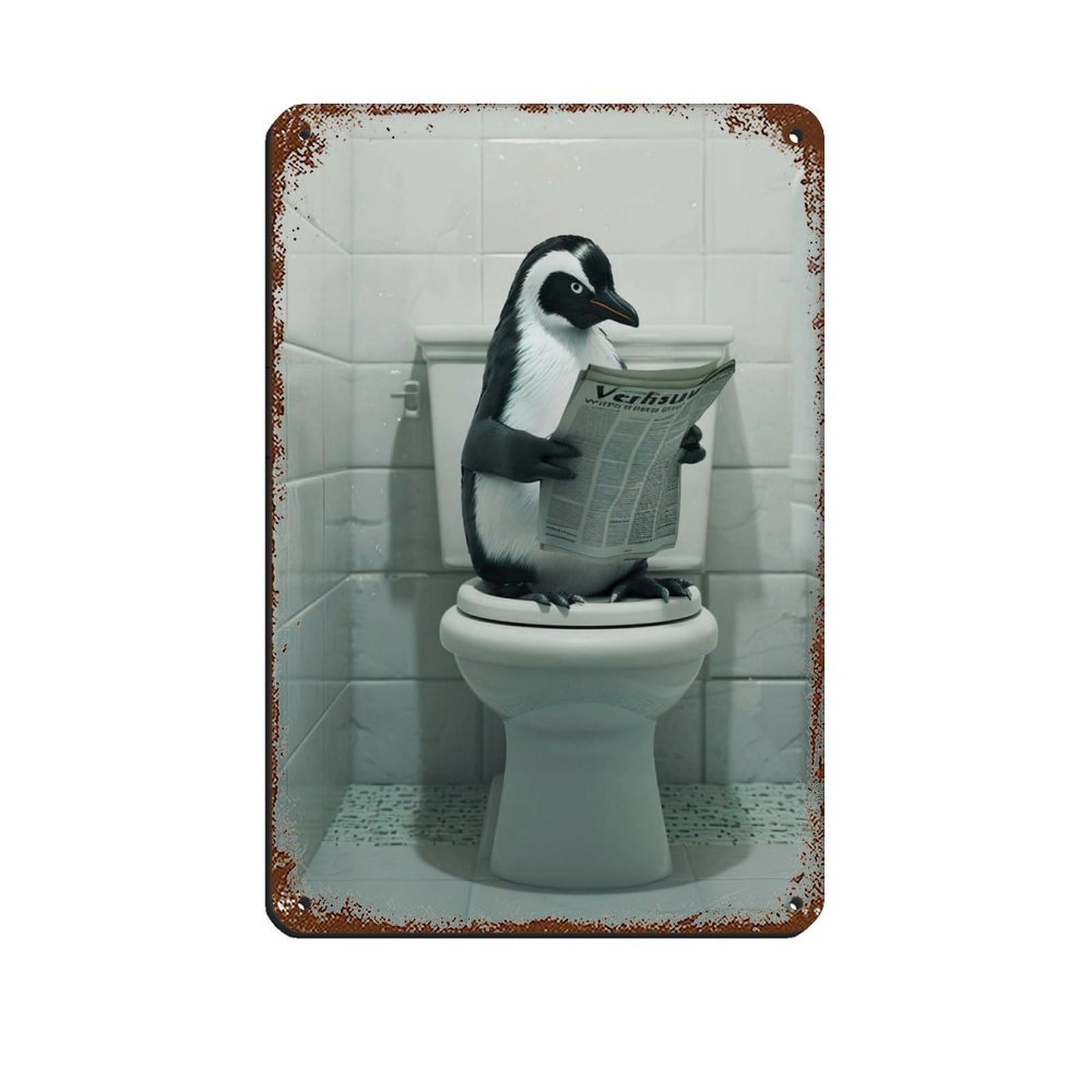 Penguin Sitting on The Toilet Reading A Newspaper Retro Poster Metal Tin Sign Chic Art Retro Iron Painting Bar People Cave Cafe Family Garage Poster Wall Decoration 8x12inch(20x30cm)